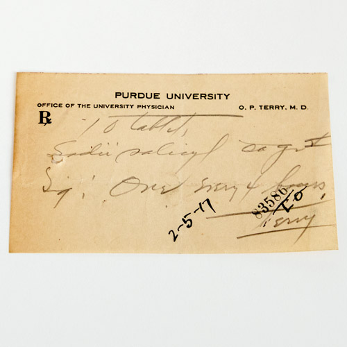Purdue University prescription on a piece of paper