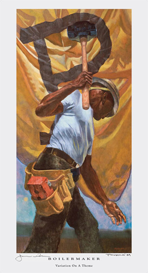 Painting of a black Boilermaker with arm raised holding an anvil. He is wearing a tool belt with a brick inscribed with 1968. He stands in front of a gold flag with a large black block P symbol. 