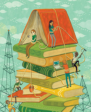 an illustration of a tower of books being scaled by people