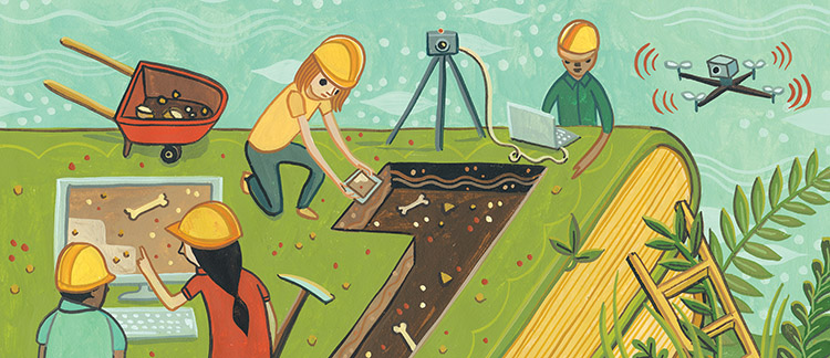 an illustration of an archeological dig highlighting the use of different technologies like drones, imaging, and computers. the dig site is a book.