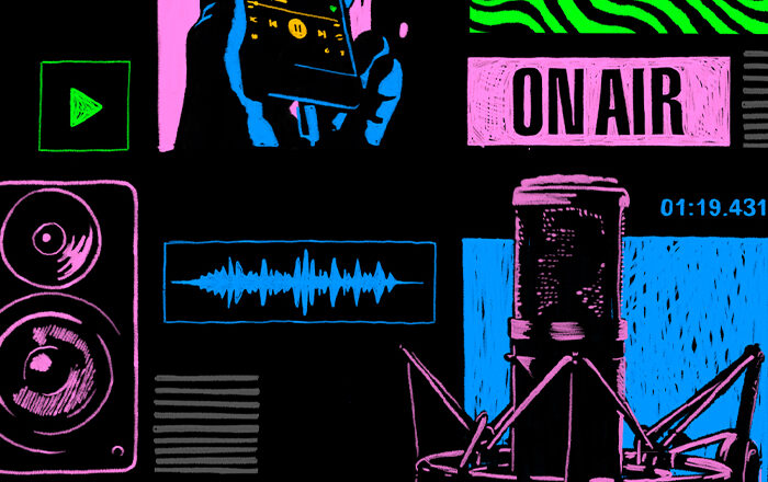 Brightly colored illustration of items related to podcasting