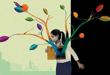 illustration of a girl with a plant growing our of a box from her torso