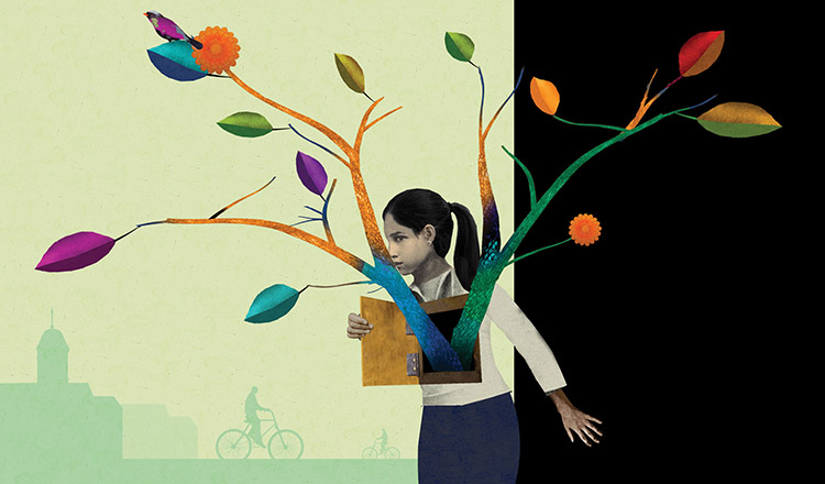 illustration of a girl with a plant growing our of a box from her torso