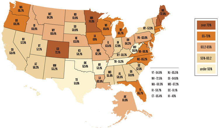 map of the us with percentages of voter turnout for each state
