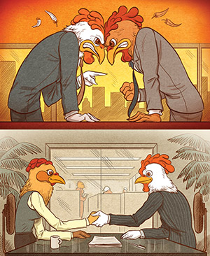 illustration of two chickens in business suits butting heads. two other chickens in business suits shake hands