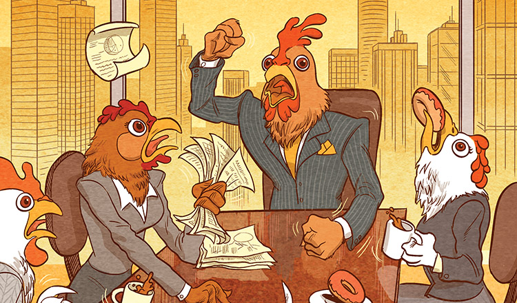 illustration of a frantic board meeting attended by chickens in business suits