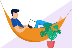 illustration of a man working on his laptop while sitting in a hammock