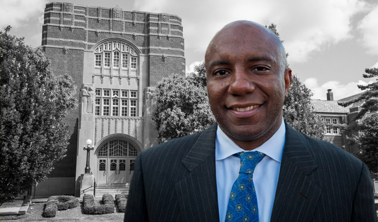 Smiling Tarrus Richardson in suit jacket with blue tie headshot pasted in front of Purdue Memorial Union.