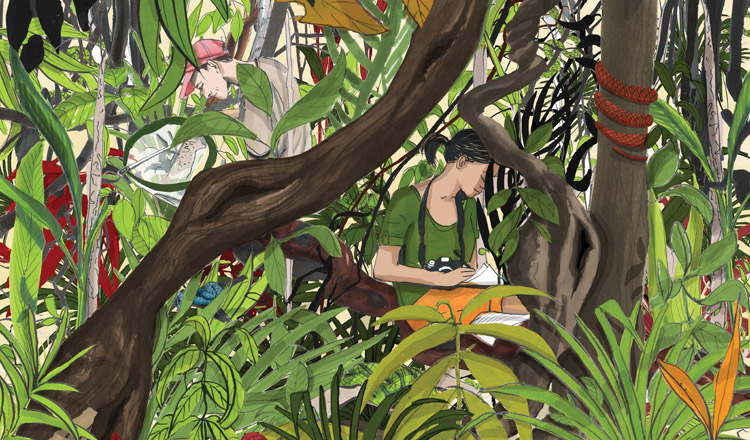 illustration of a woman taking notes in the middle of a jungle