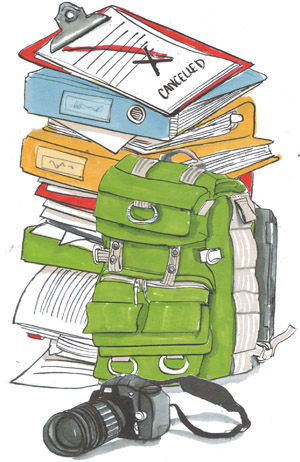 illustration of a tall stack of books, papers, and plans along with a backback and camera. the top paper says canceled
