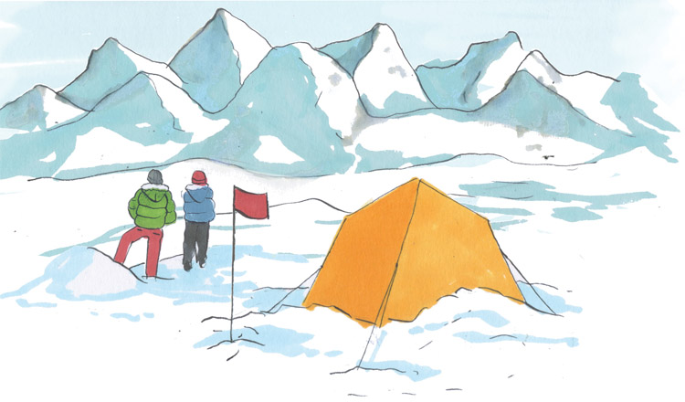 illustration of researchers admiring the view at a snow-covered campsite in the mountains