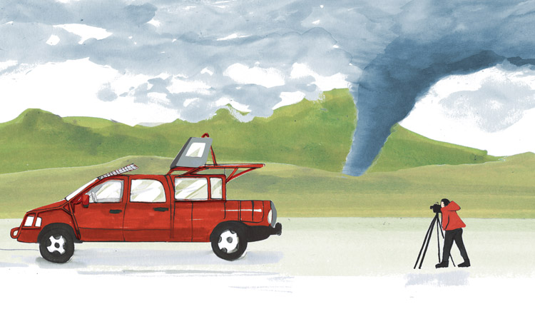 illustration of storm chasers and a tornado