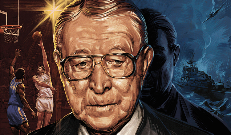 a painting of John Wooden showing his basketball life contrasted with the sailor who died in his place