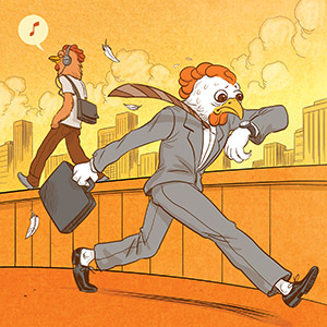 illustration of a chicken in a business suit walks quickly while look at its watch